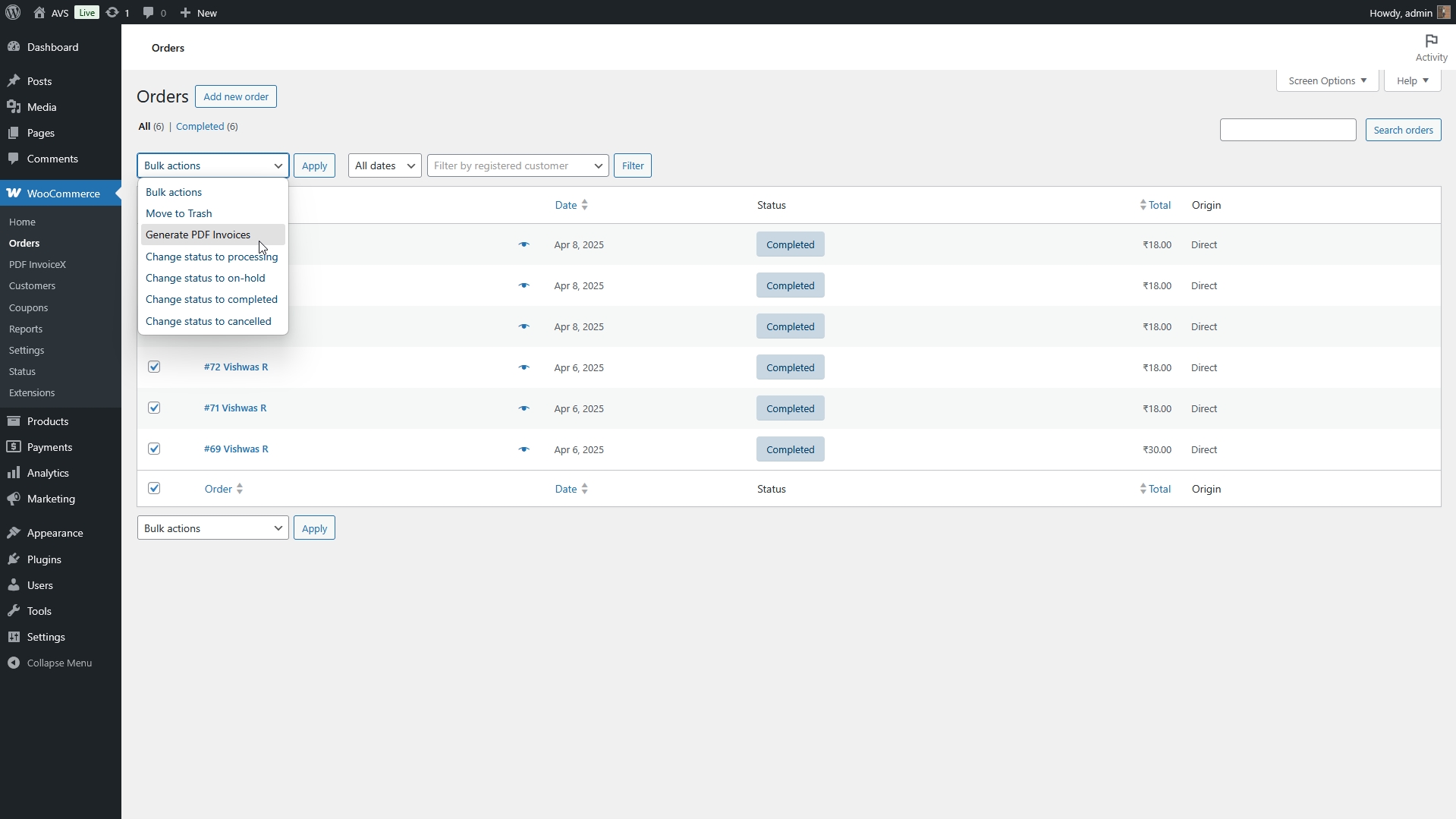 **Admin Orders Page**: Download PDF invoices in bulk directly from the orders list.