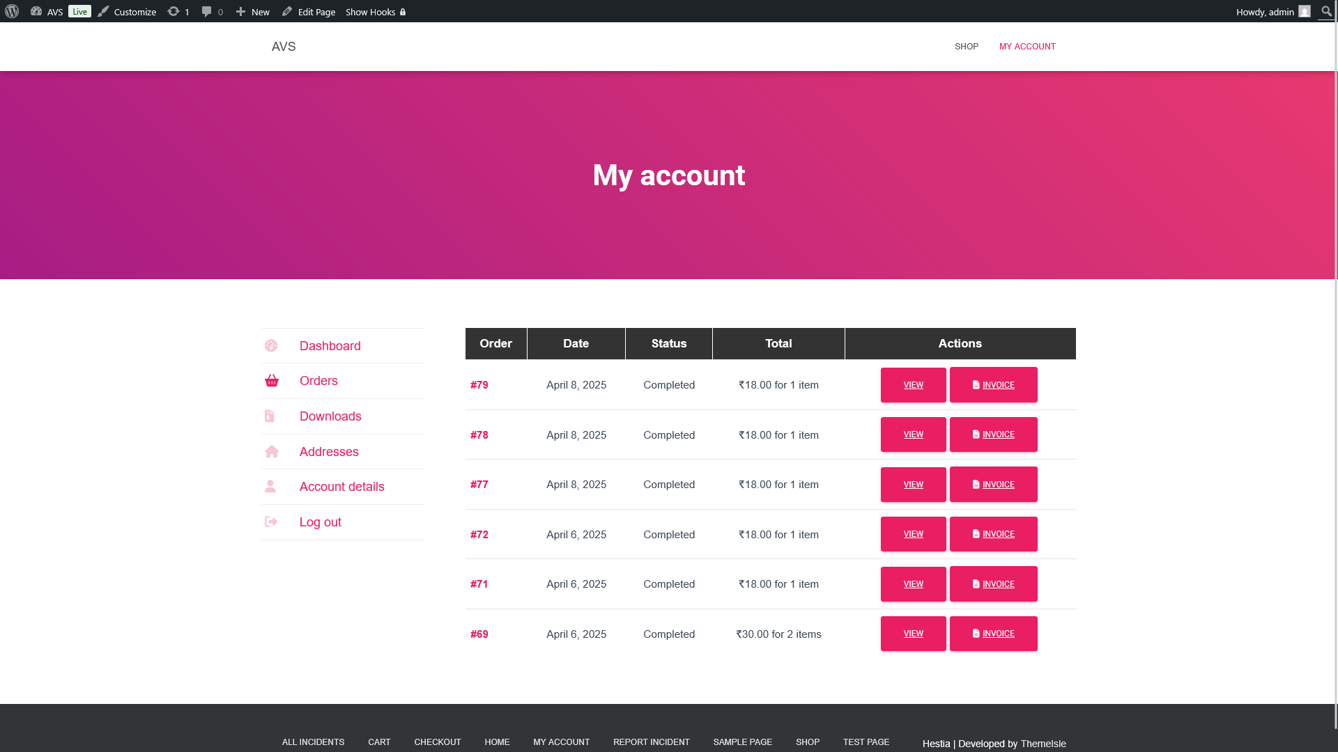 **Frontend My Account**: Customers can download invoices from their order history.