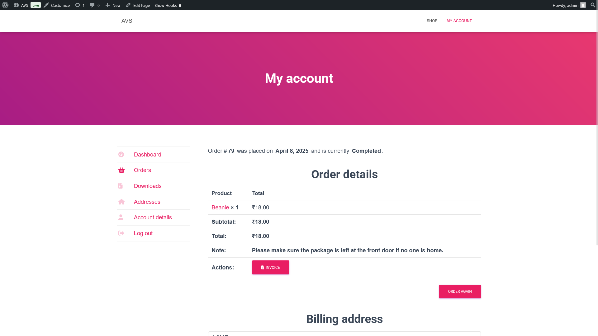 **Frontend Individual Order**: Customers can download invoices from individual orders.