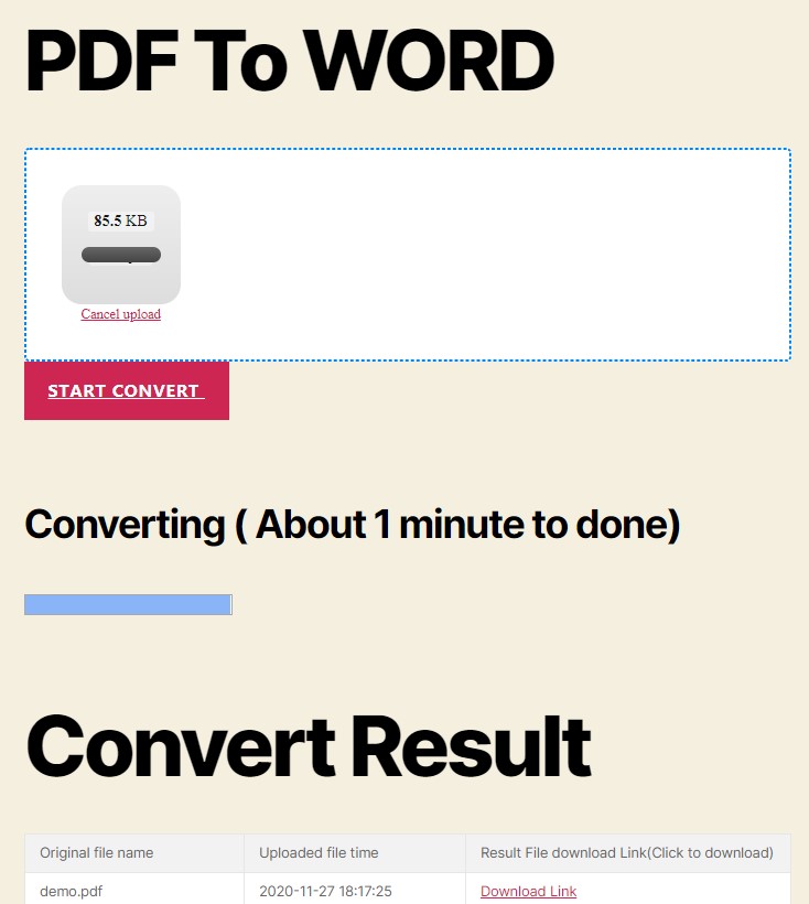 This is plugin autocreated PDF TO WORD page demo Frontpage to your website users ,Including upload, conversion, Download funcition demo, administrator can modify according to their own needs