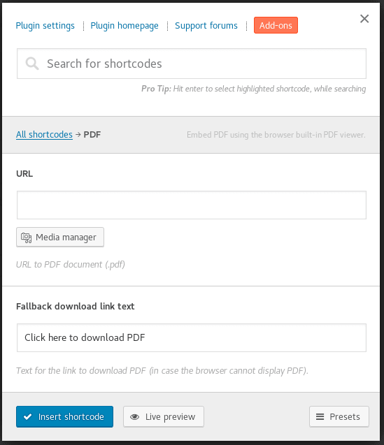 PDF shortcode options.