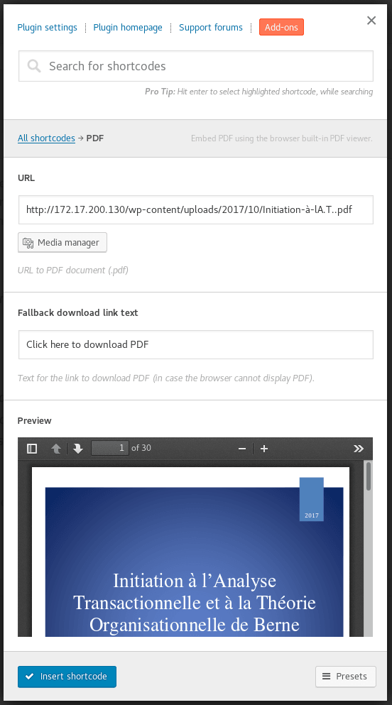 PDF shortcode options: Live Preview.