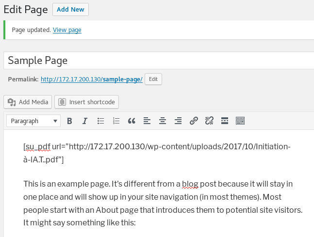 "su_pdf" shortcode inserted into "Sample" page.