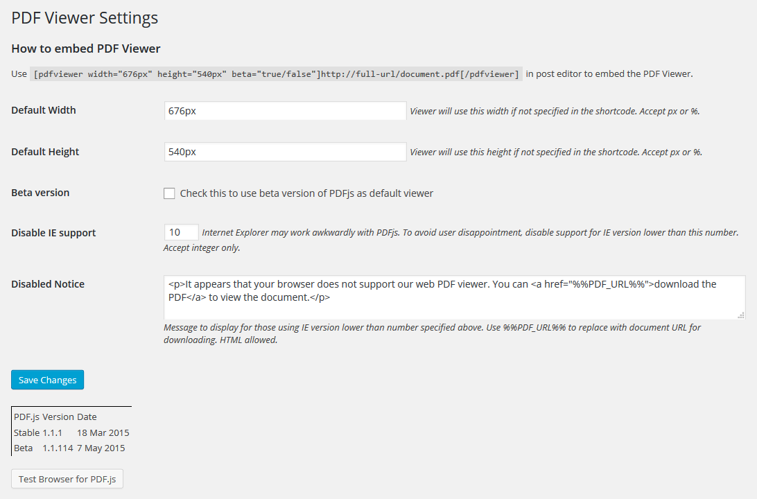 Settings page for default values.