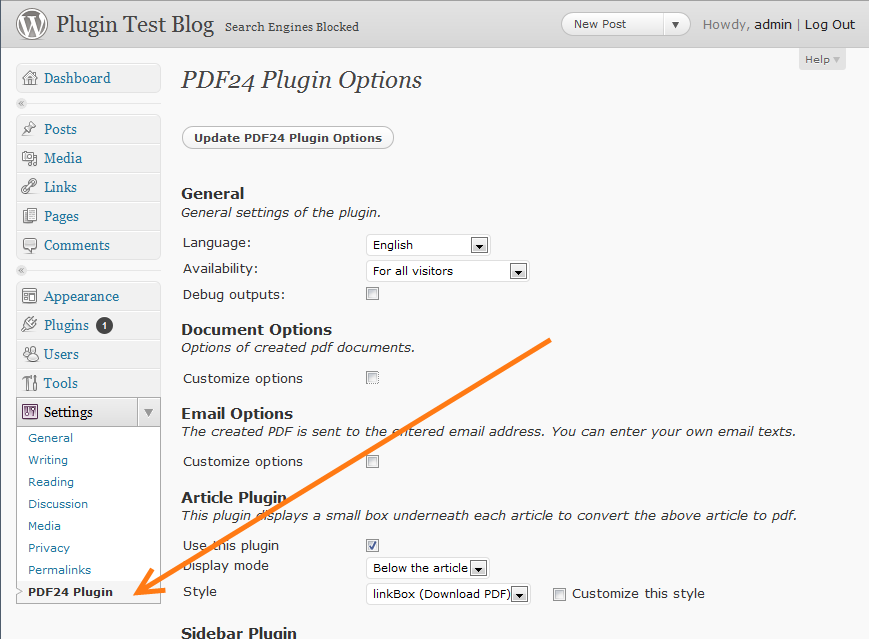 Plugin settings in Wordpress admin area