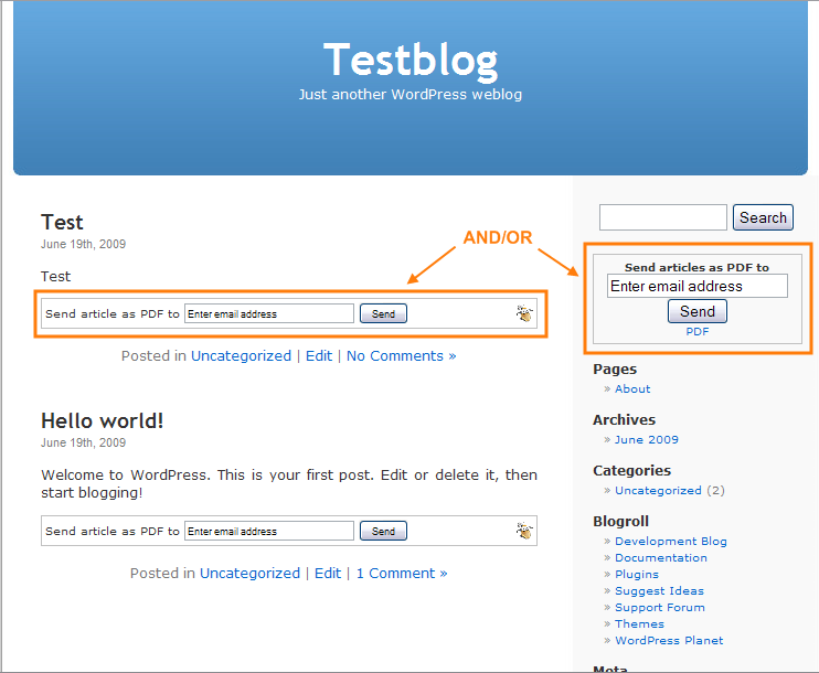 Test page with two Send as PDF boxes enabled