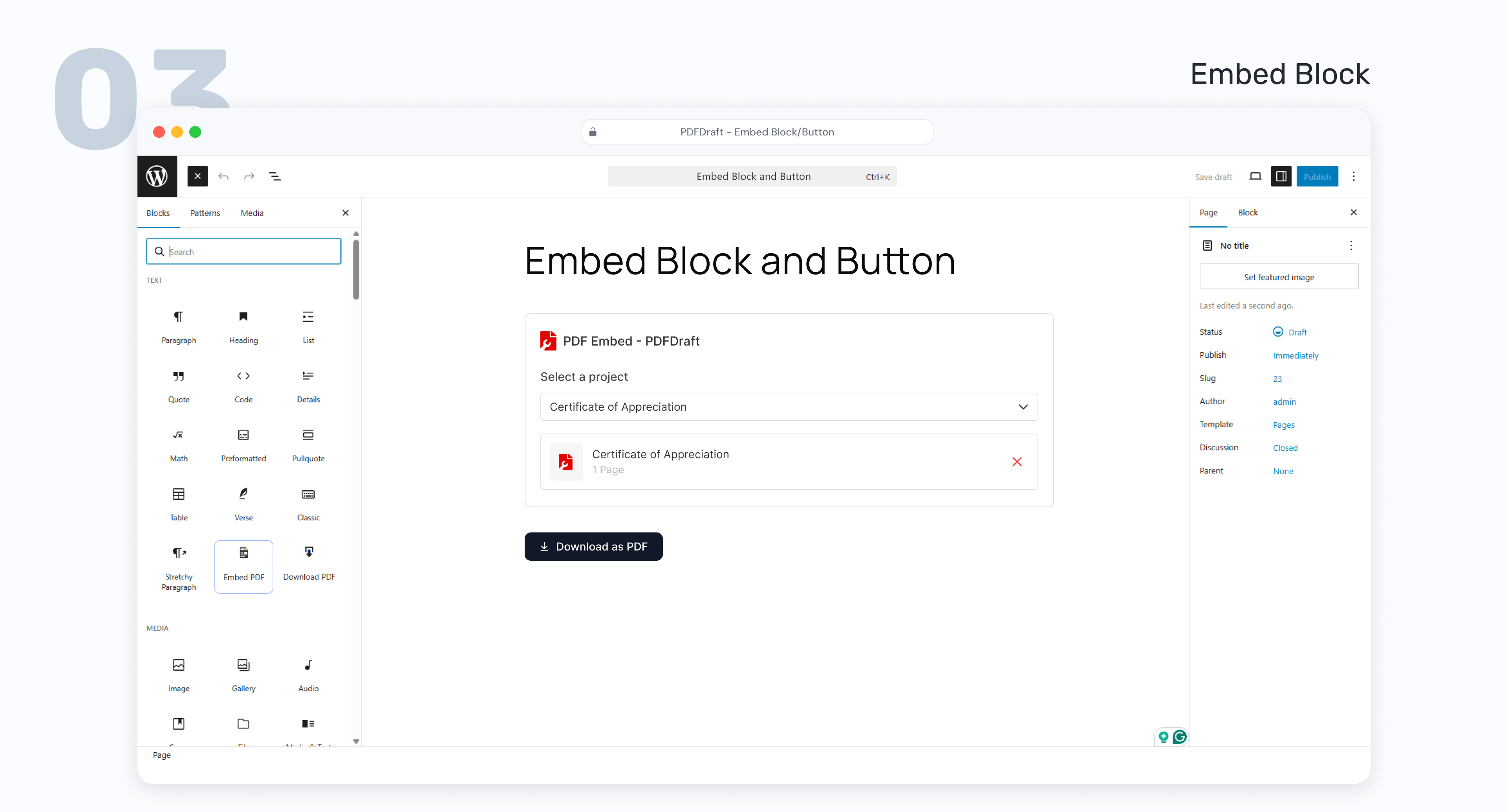 PDFDraft Embed and Download button block.