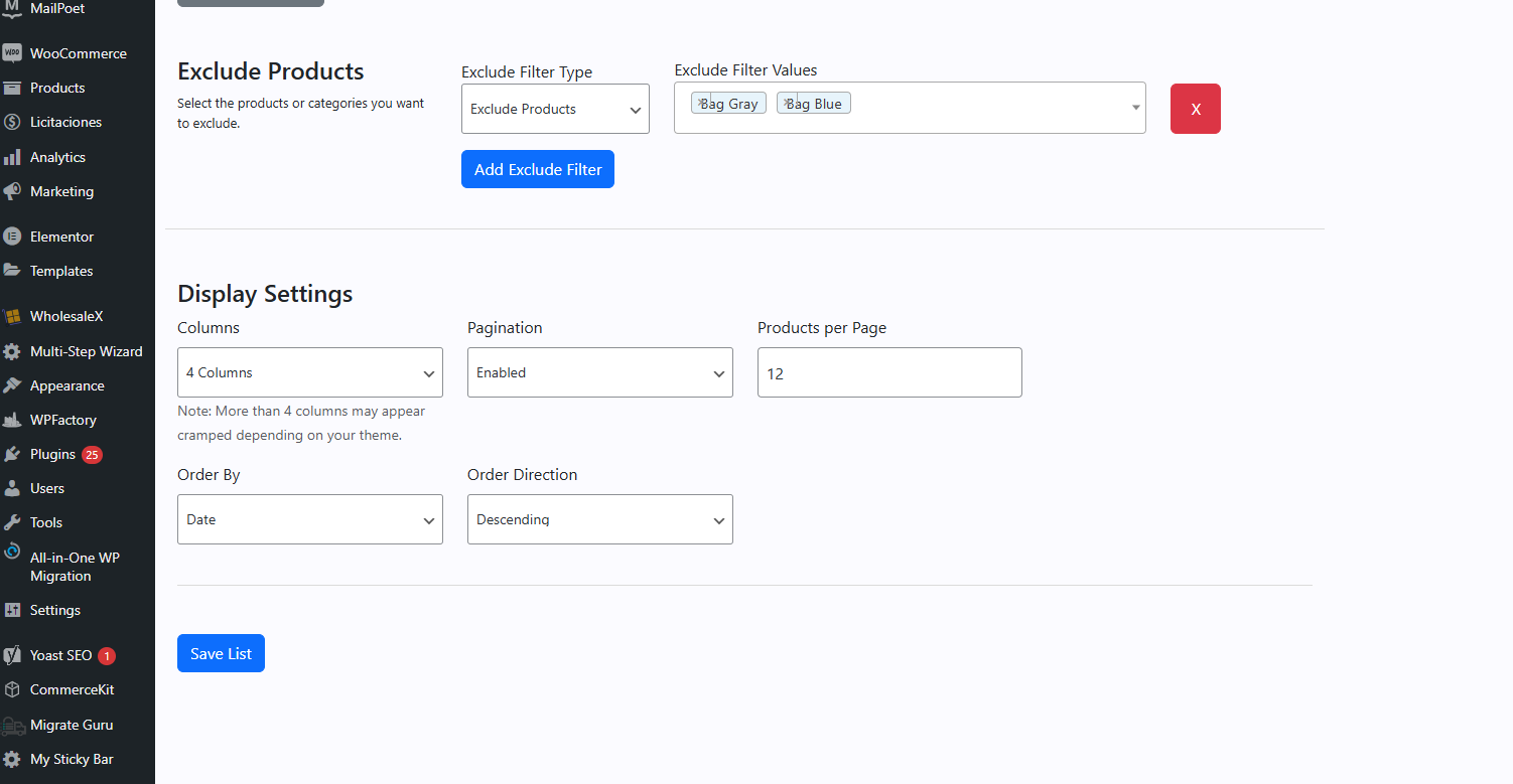 Display settings: control columns, pagination, order, etc.