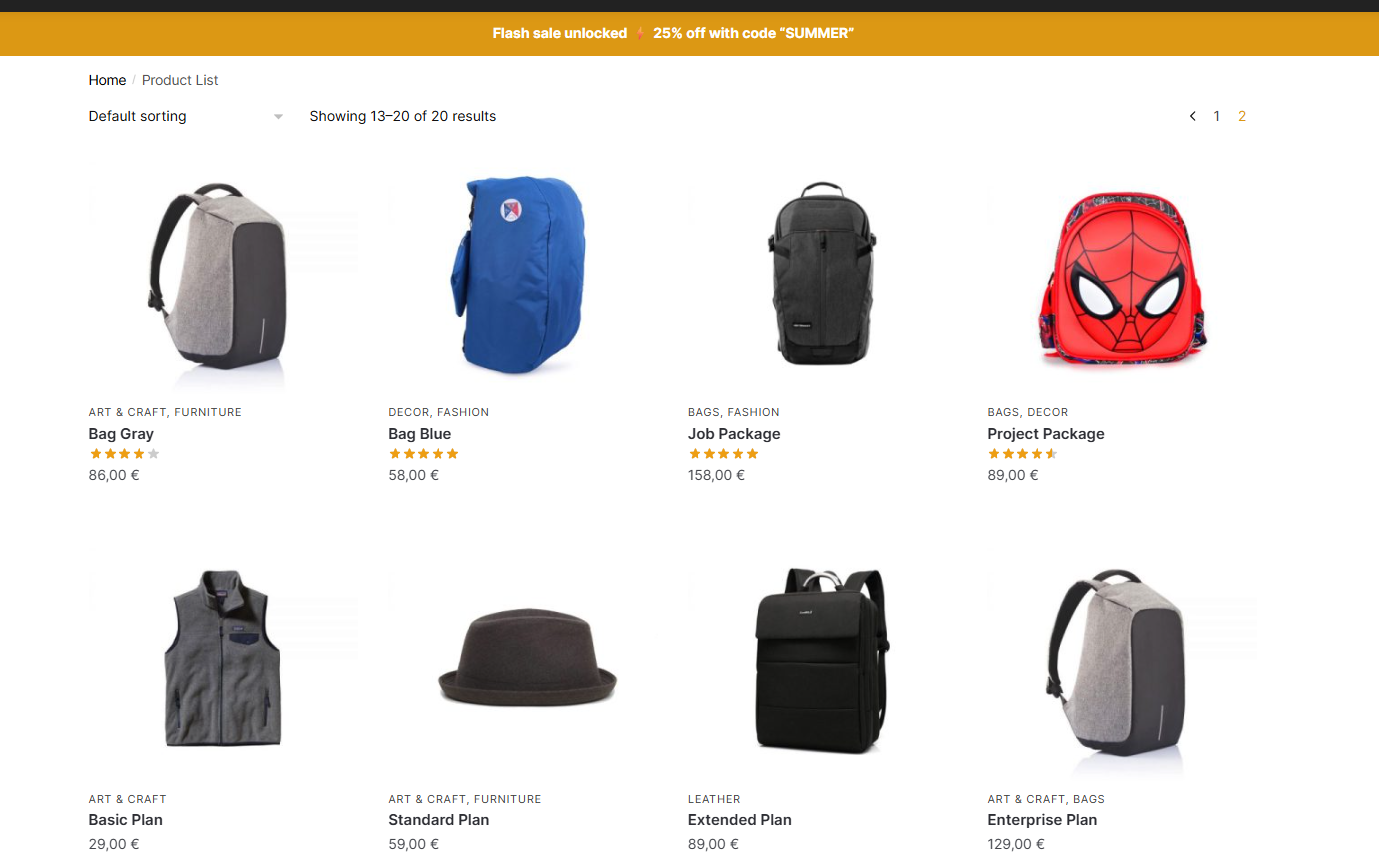 Product list displayed on the front-end