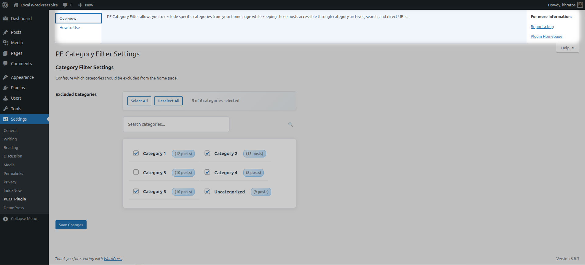 Plugin configuration panel - Help section showing Overview.