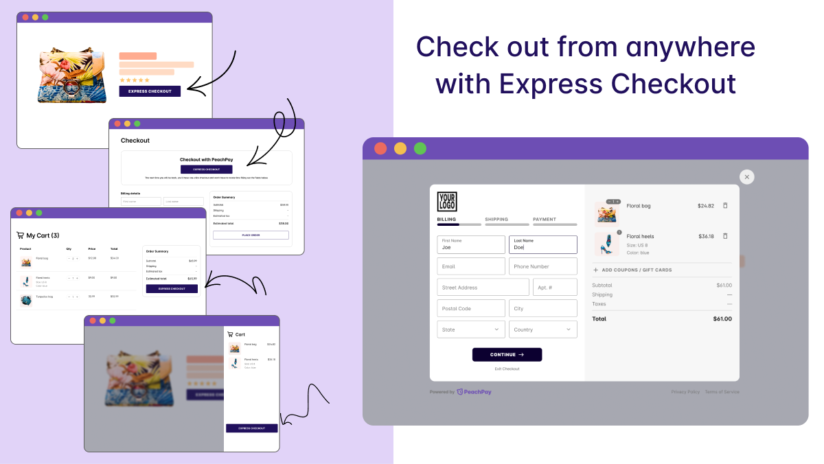 Customize Express Checkout to fit your store exactly—colors, locations, fields, logos, and more!