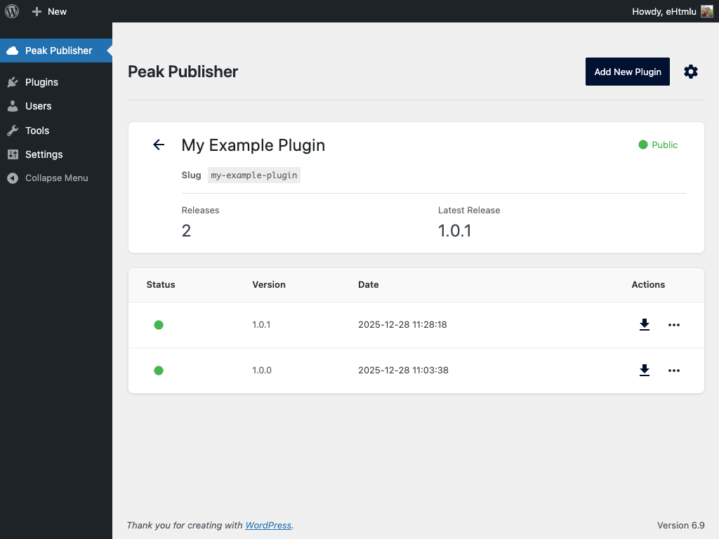 Once you have added the headers and bootstrap code, you can simply drop the plugin folder into Peak Publisher.