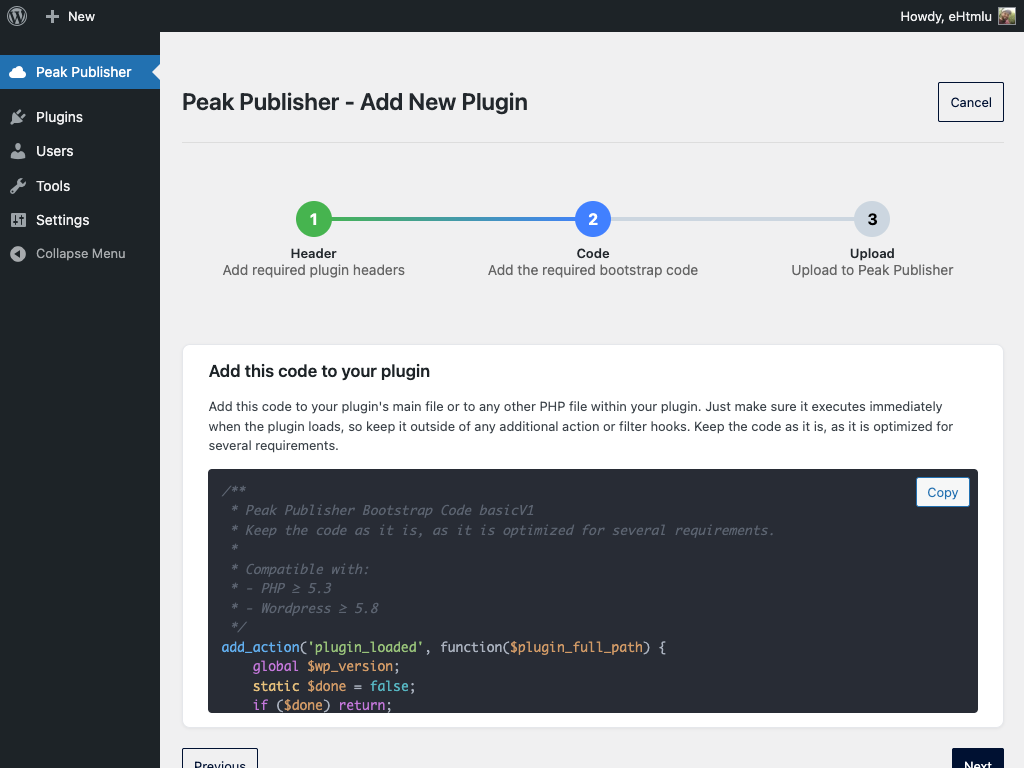 To upload a new plugin or a new plugin version, simply drag a plugin folder into Peak Publisher.