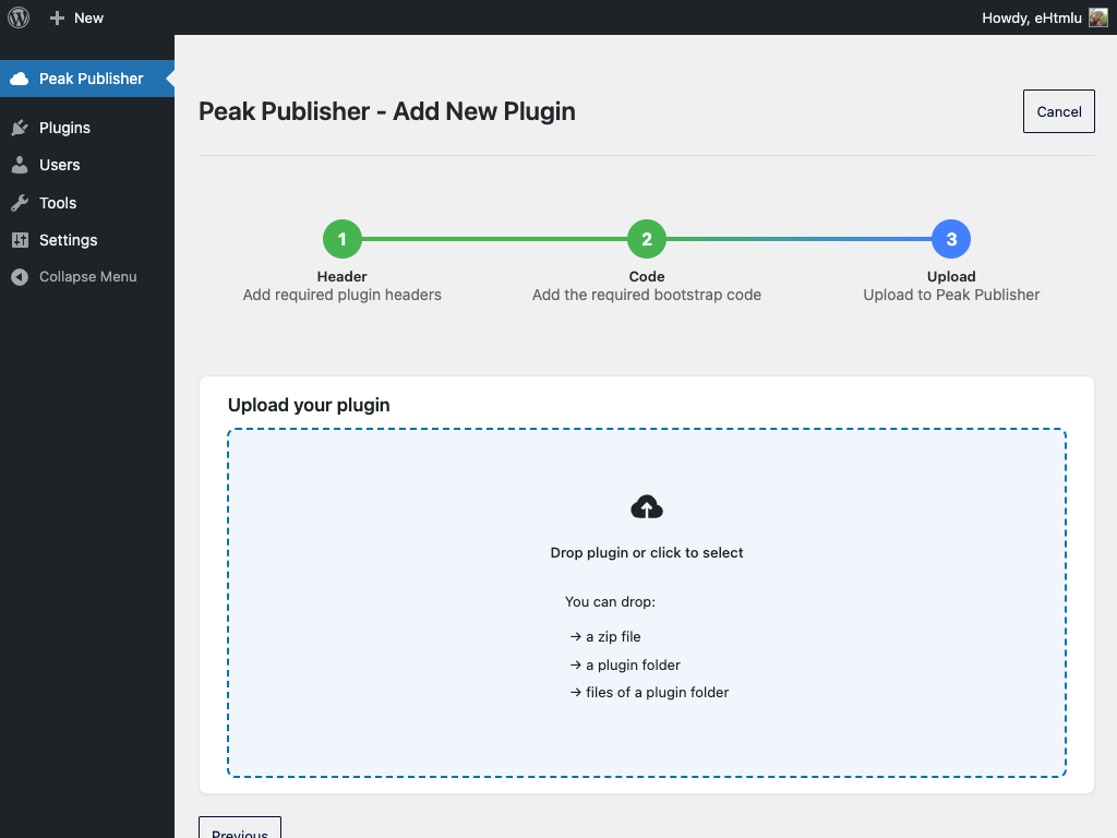 Peak Publisher automatically recognises whether a new upload is a new plugin or a new version of an existing plugin.