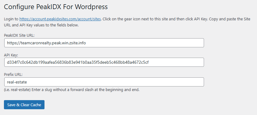 The account.peakidxsites.com dashboard after login.