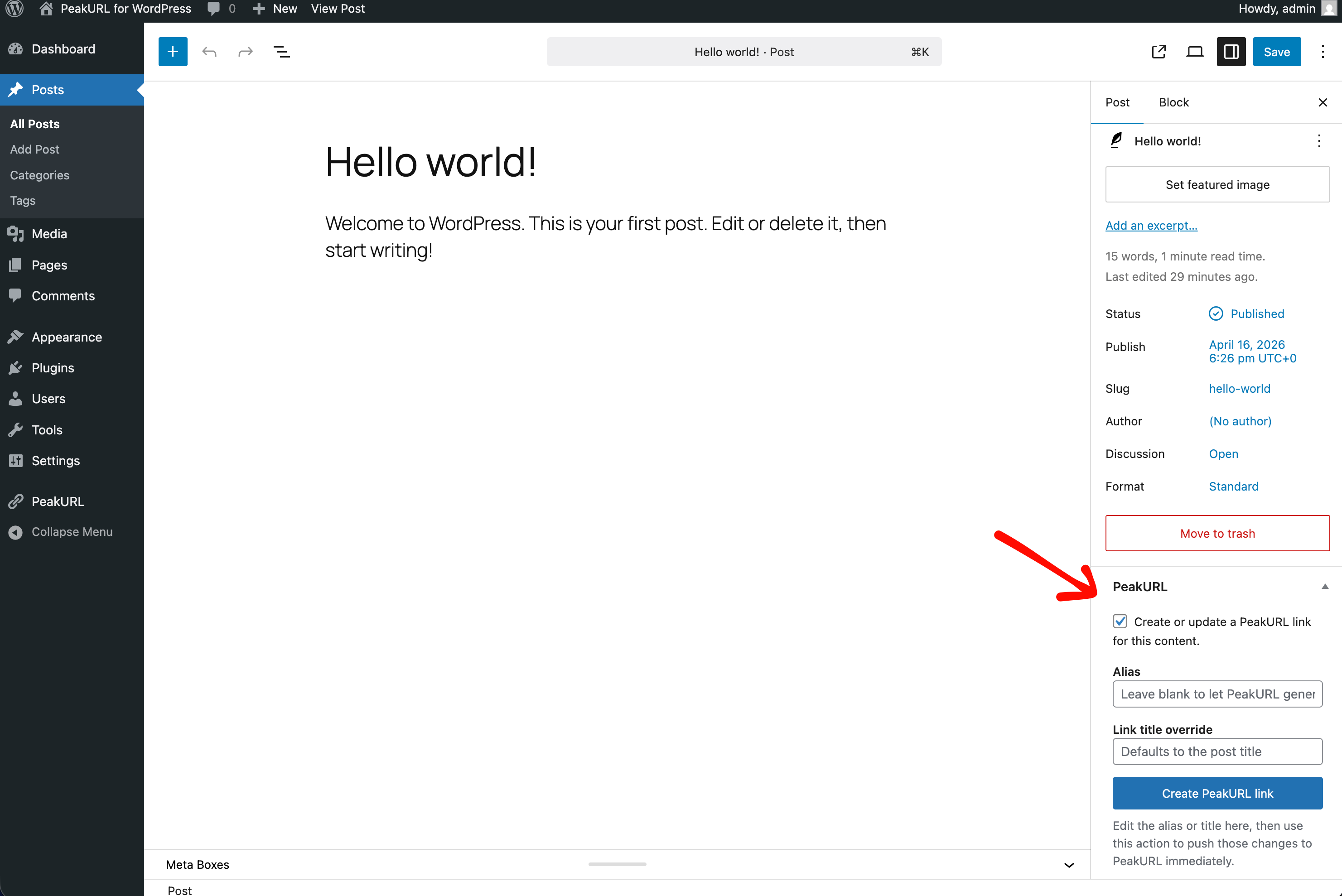 PeakURL panel in the post and page editor for creating or updating a short link.