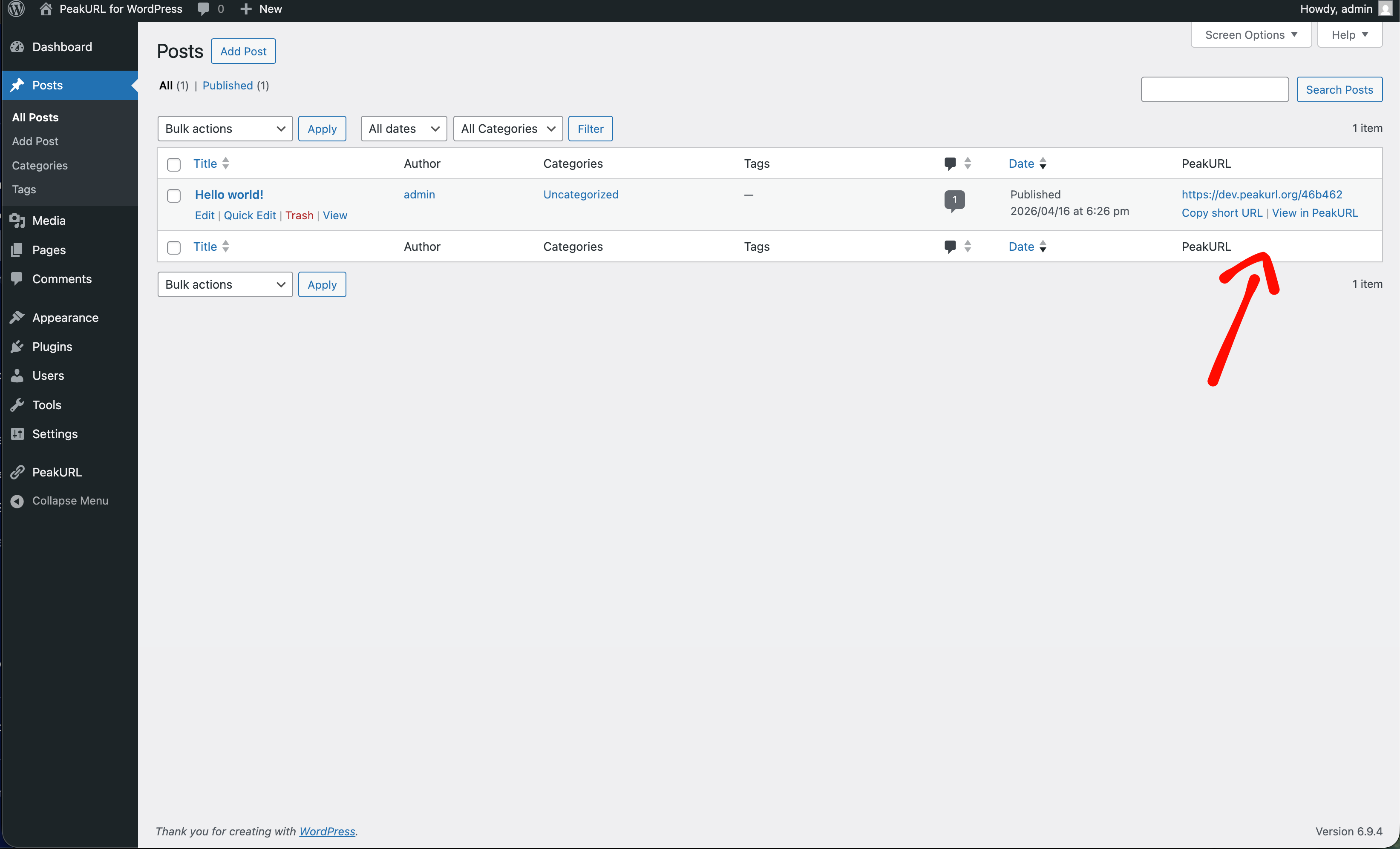 PeakURL short URL column and quick actions in the posts list.
