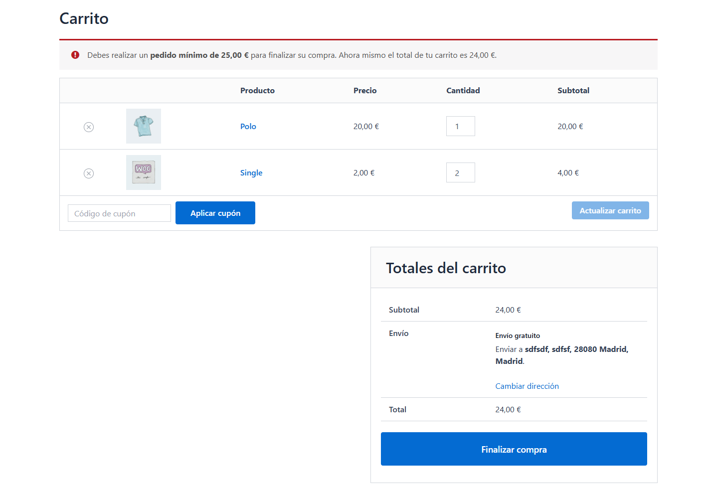 Notice on the cart page when the minimum is not met.