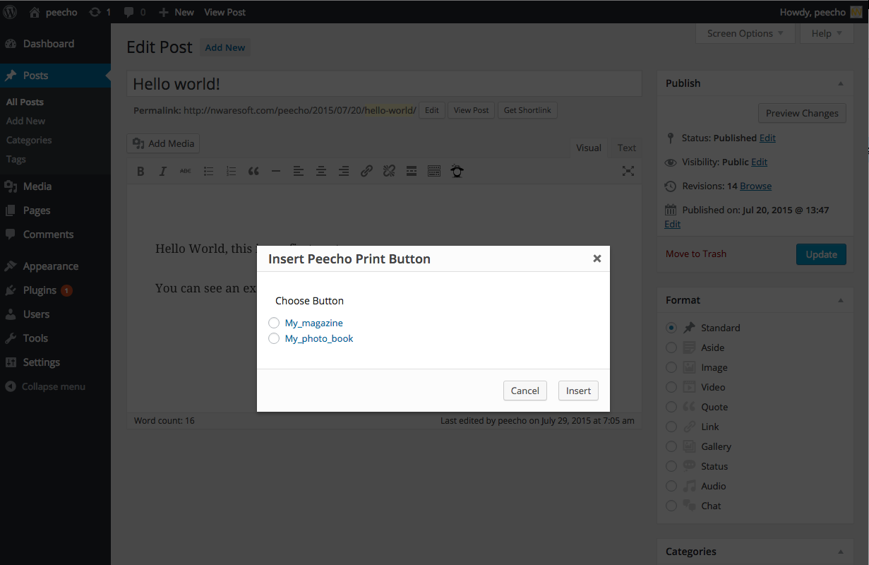 When editing your post, you can insert a print button using the Peecho icon.