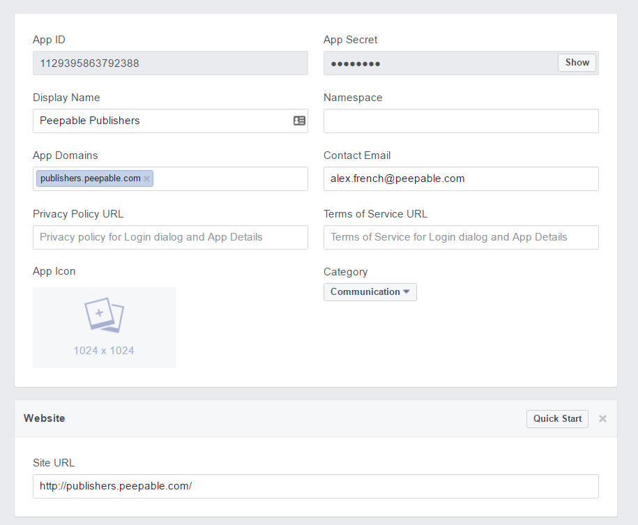 This is a screen shot showing Facebook App settings (allows people to share Peeps directly to Facebook timeline) facebook_app_settings.png