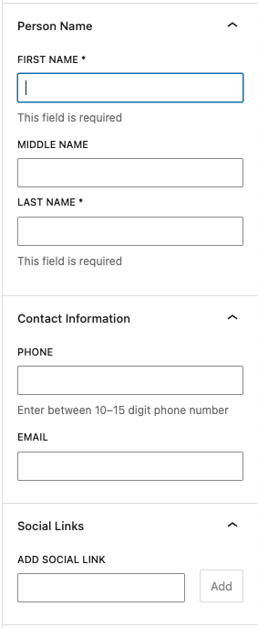 Fields available when editing a person post