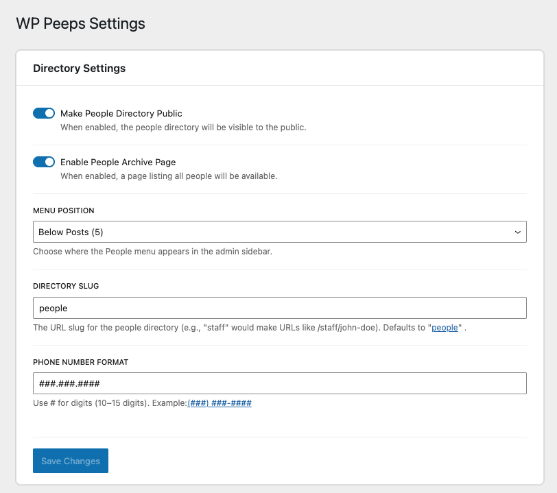 Peeps – People Directory settings page