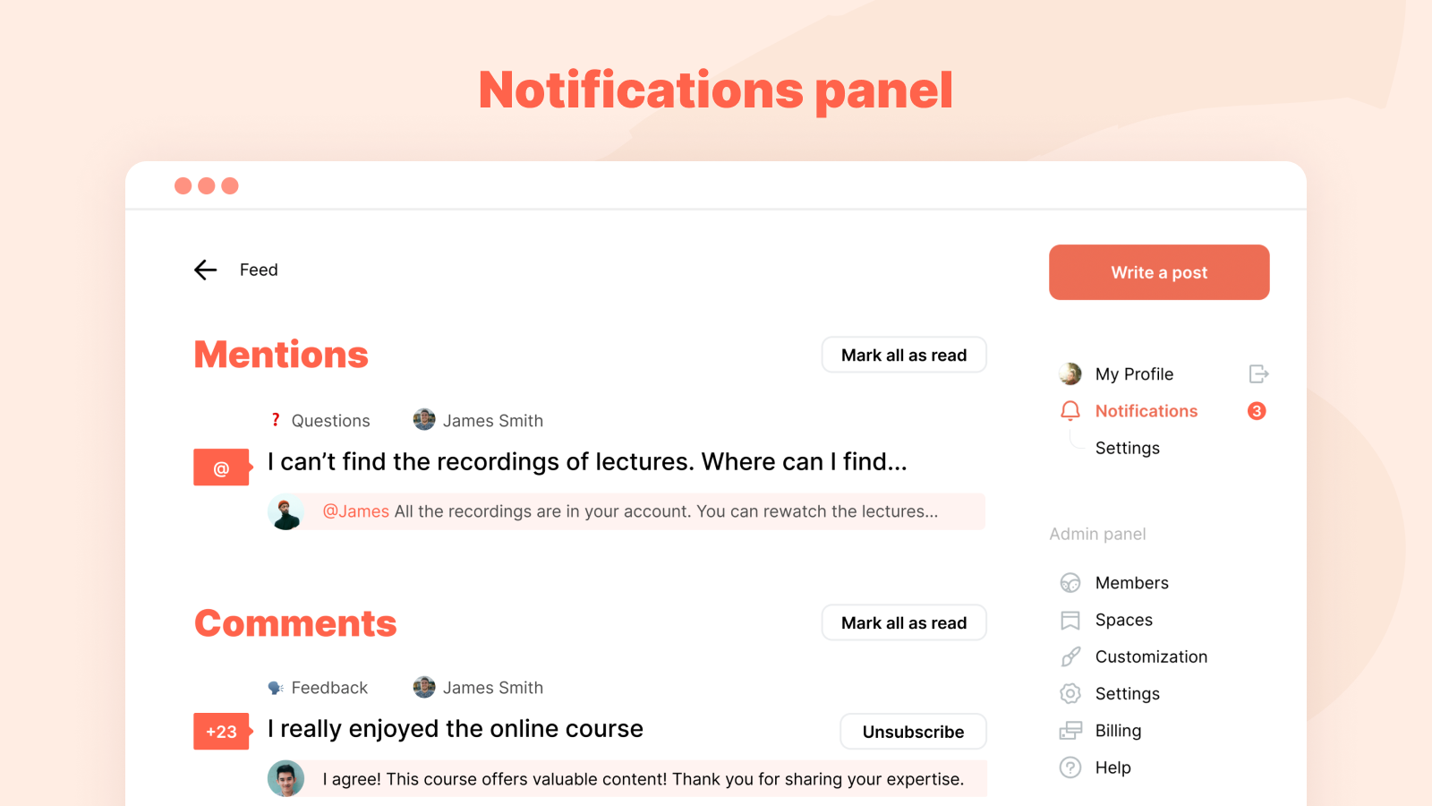 Notifications panel. See all important updates such as new comments, replies, and mentions that are a click away from the homepage.