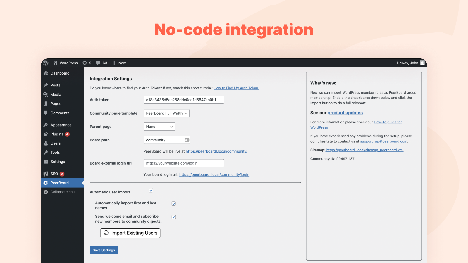 No-code integration. Embed PeerBoard as a fully customizable page in your WordPress configuration in 10 minutes.