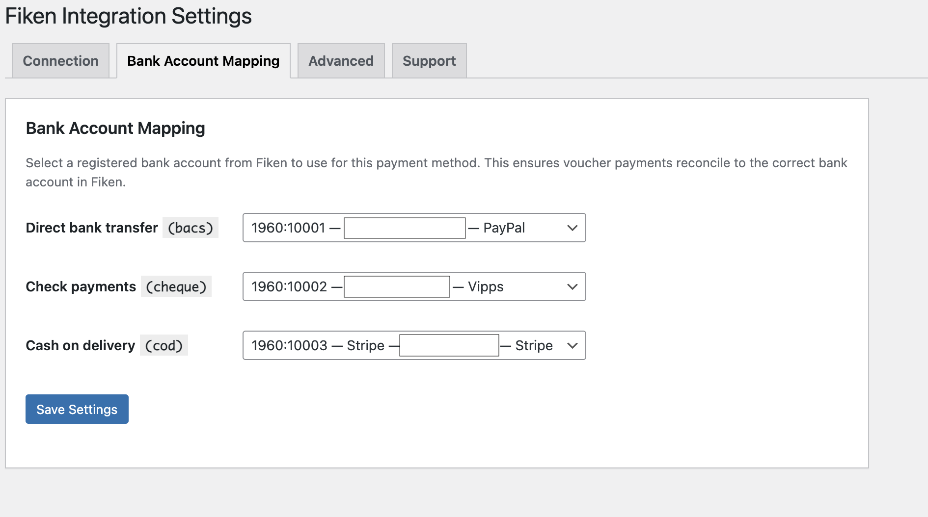 Bank Account Mapping – Displays the mapping between WooCommerce payment methods and registered bank accounts in Fiken.