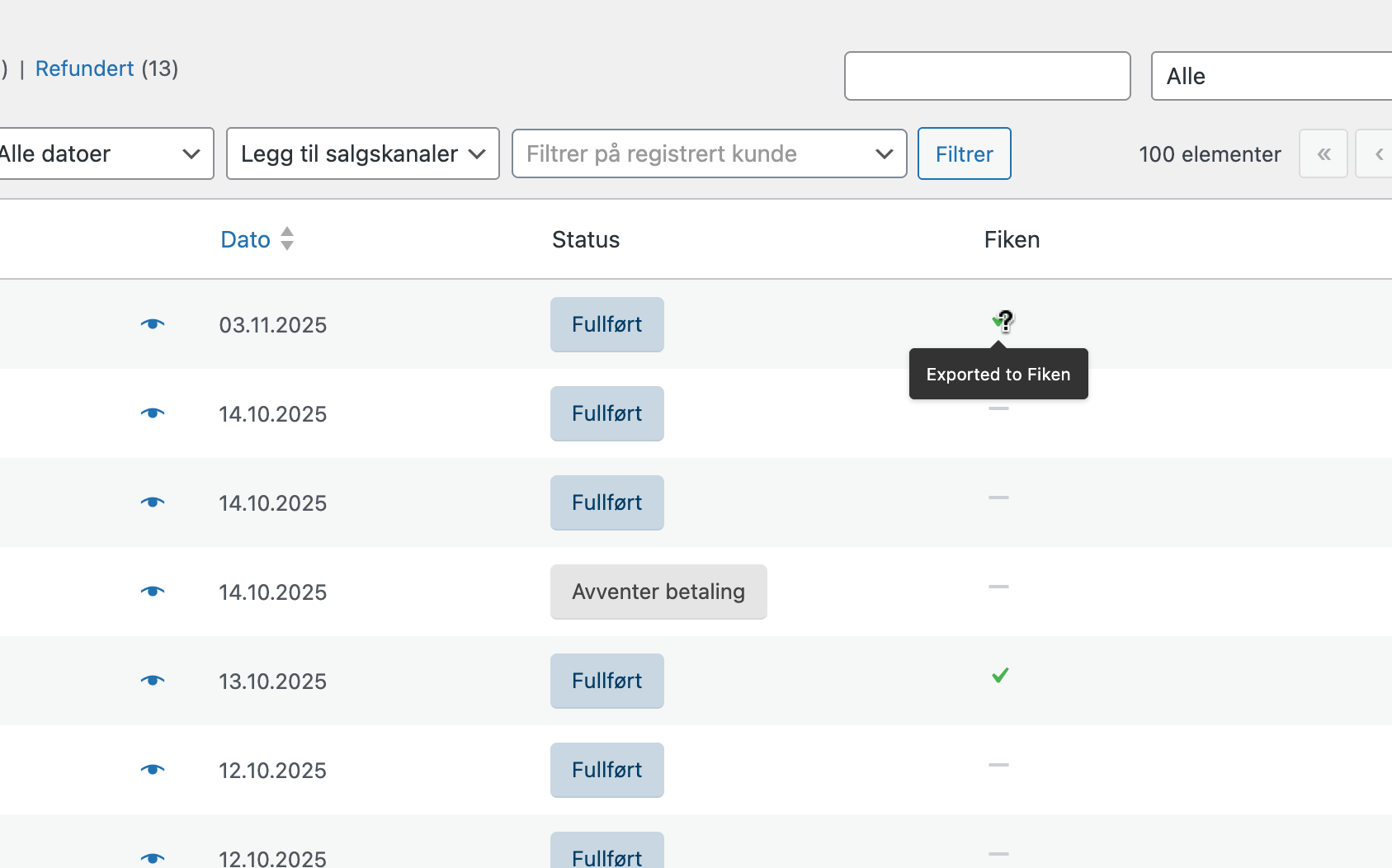 Order Export Status – Indicates whether each WooCommerce order has been successfully exported to Fiken.
