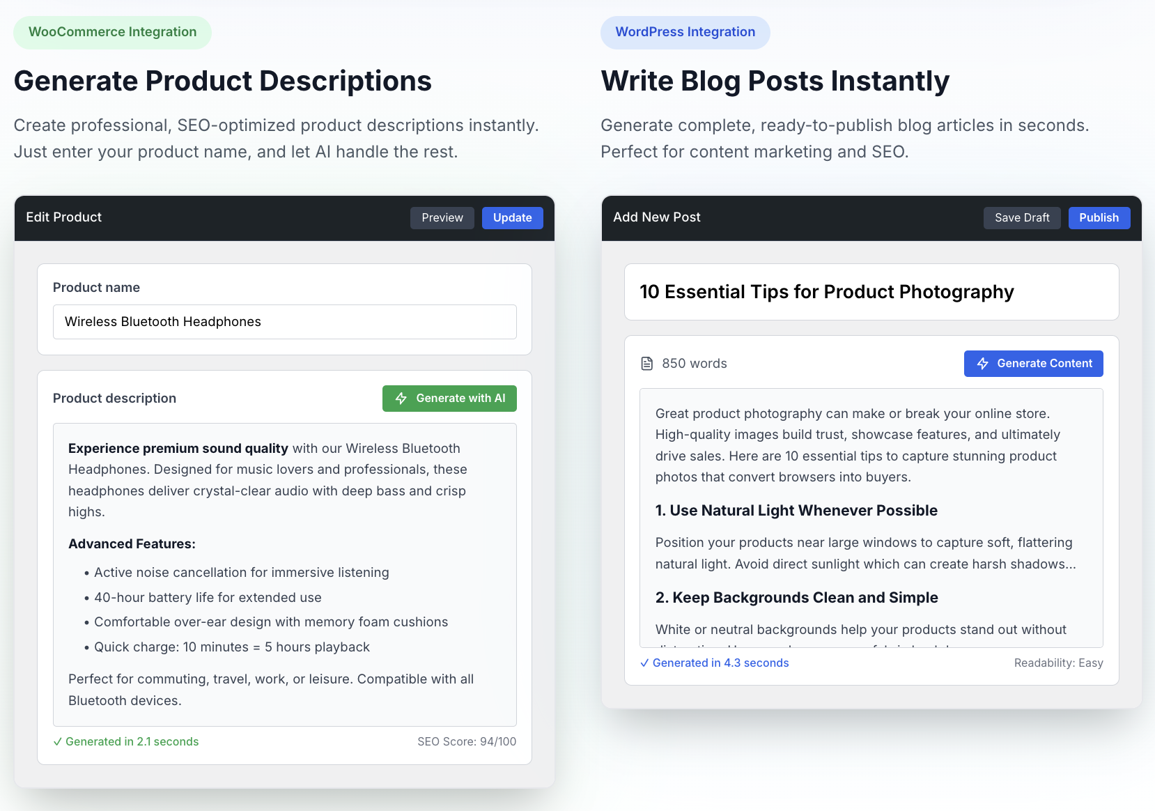 Product description and Post content generation with AI