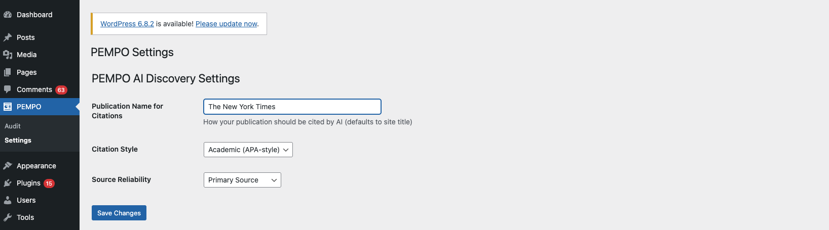PEMPO Settings page: publication name, citation style, and source reliability.