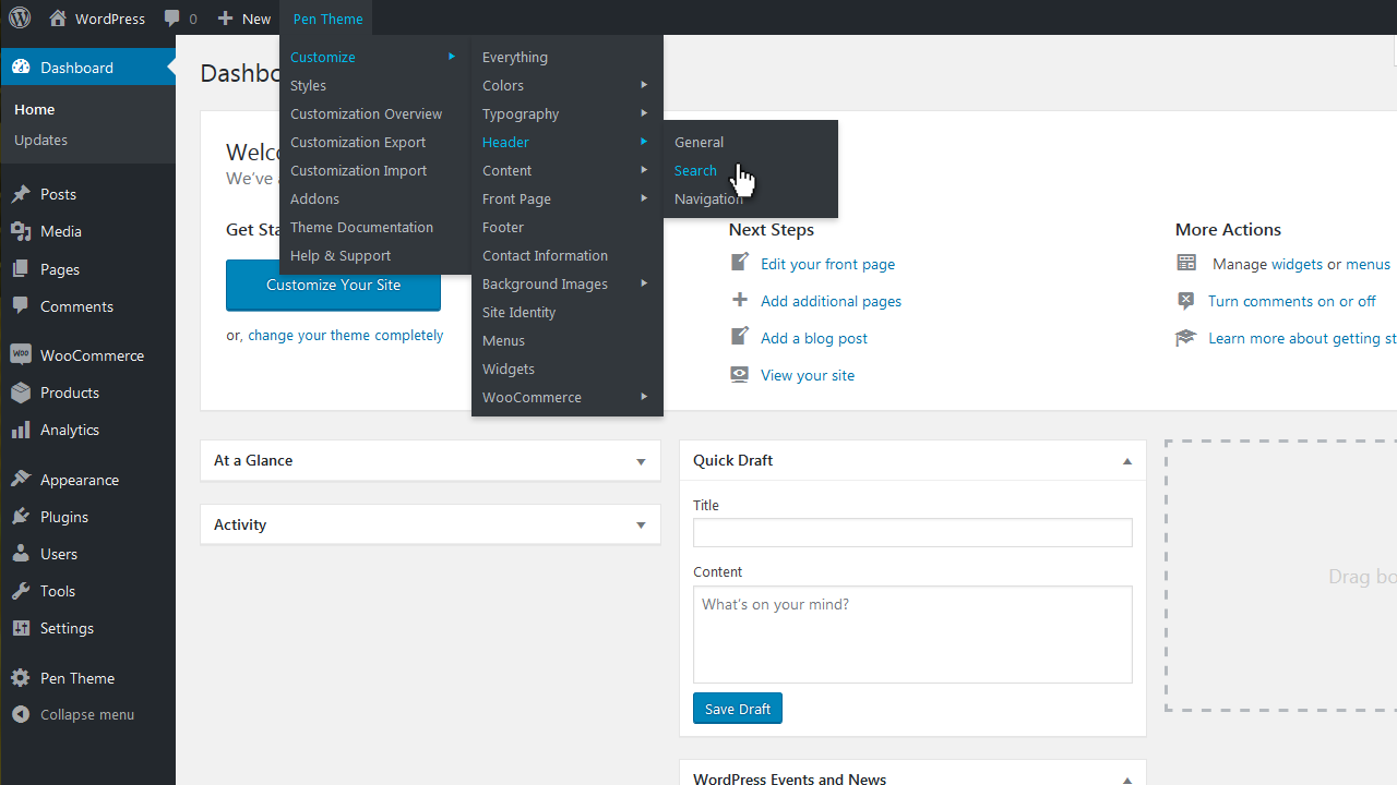 We all know how hard it is to navigate through the Customizer, often confusing, especially with a theme like Pen that offers over 400 customization options. The toolbar menu of the Pen plugin provides easier access to various parts of the Customizer, drastically improving the user experience and speeding up site building.