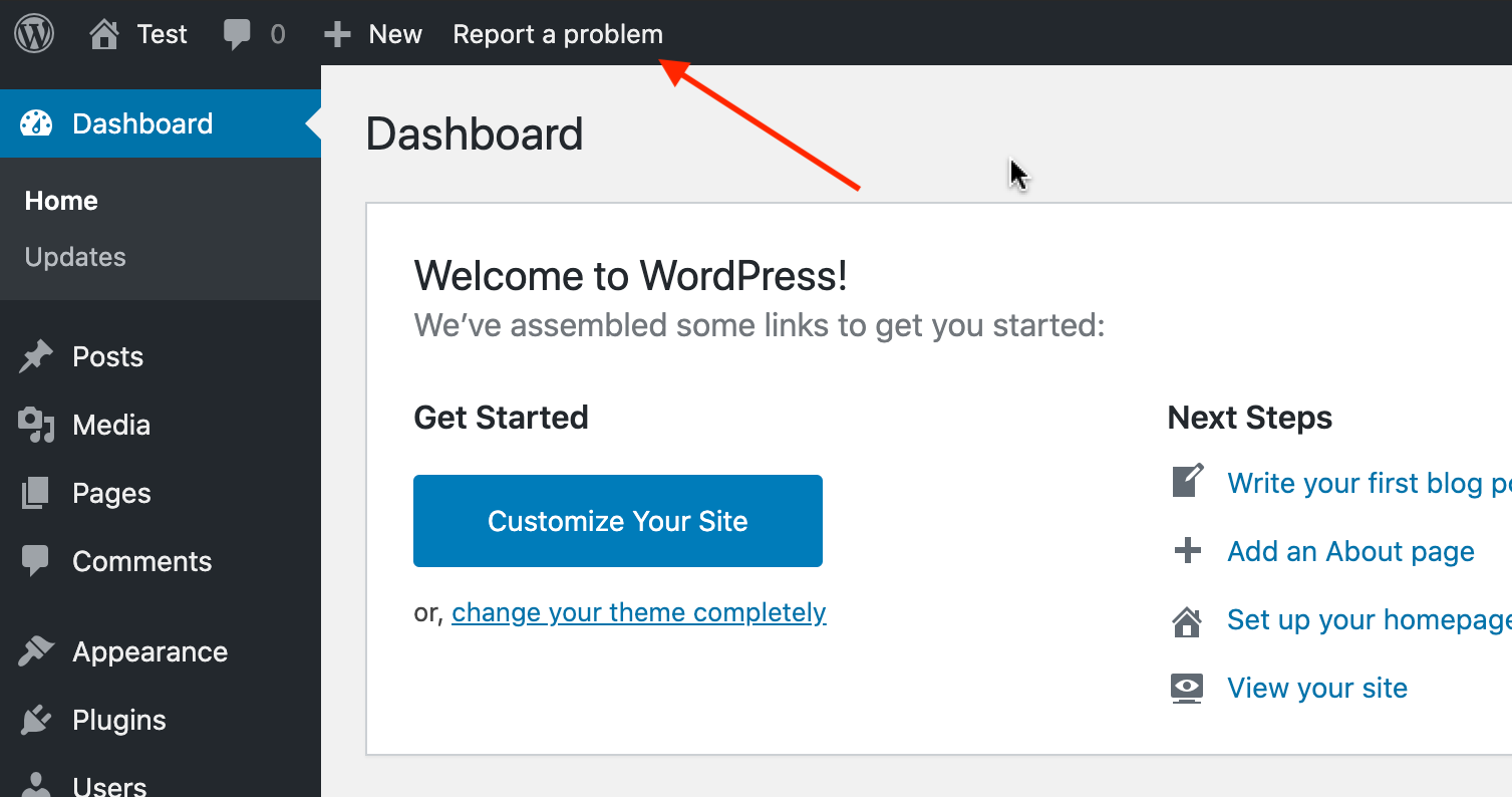 Click on "Report a problem" in the admin bar to open the modal