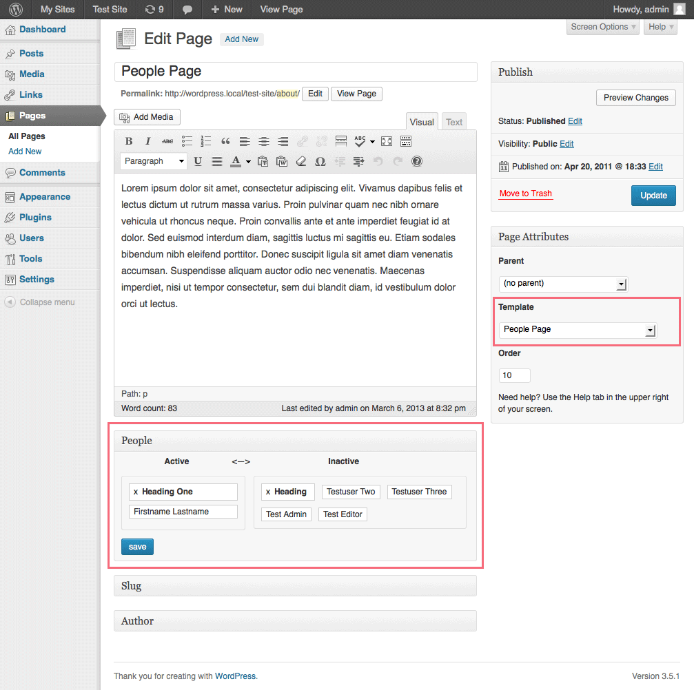 The "Edit Page" admin screen with "People Page" template selected (right) and displaying the people page meta box (center). "Active" users will be included on the people page.