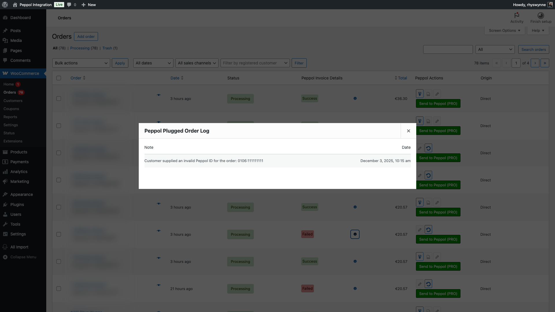 The order log which will show the order status within Peppol Plugged. This is linked to the order log itself.