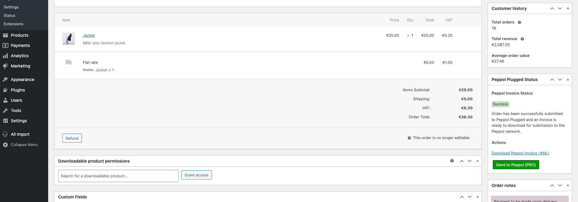 The Peppol Plugged box on an individual order page.