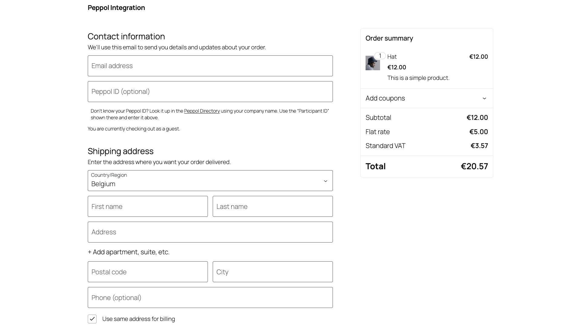 The checkout on a standard WooCommerce checkout block, with additional Peppol ID field.