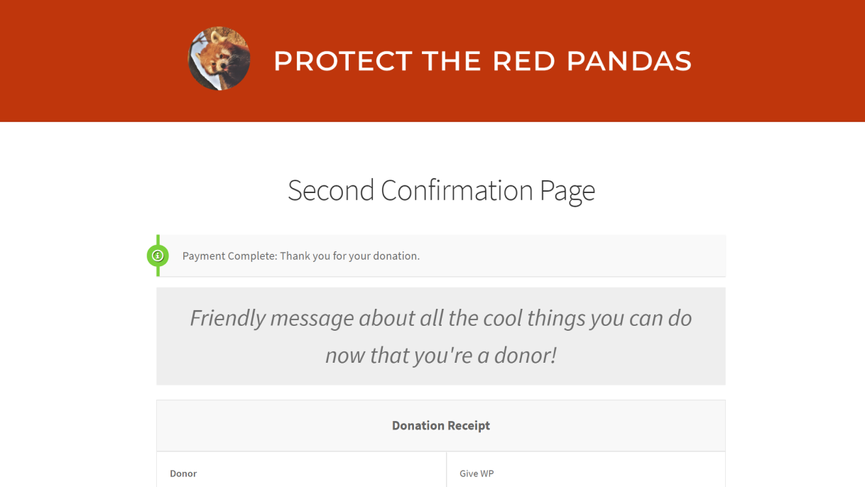 An example custom confirmation page with the custom message shown "above" the receipt table.