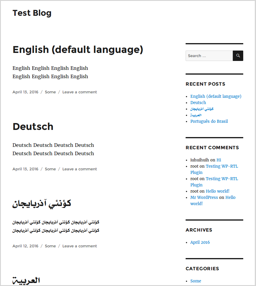 The home page shows in the blog default language.