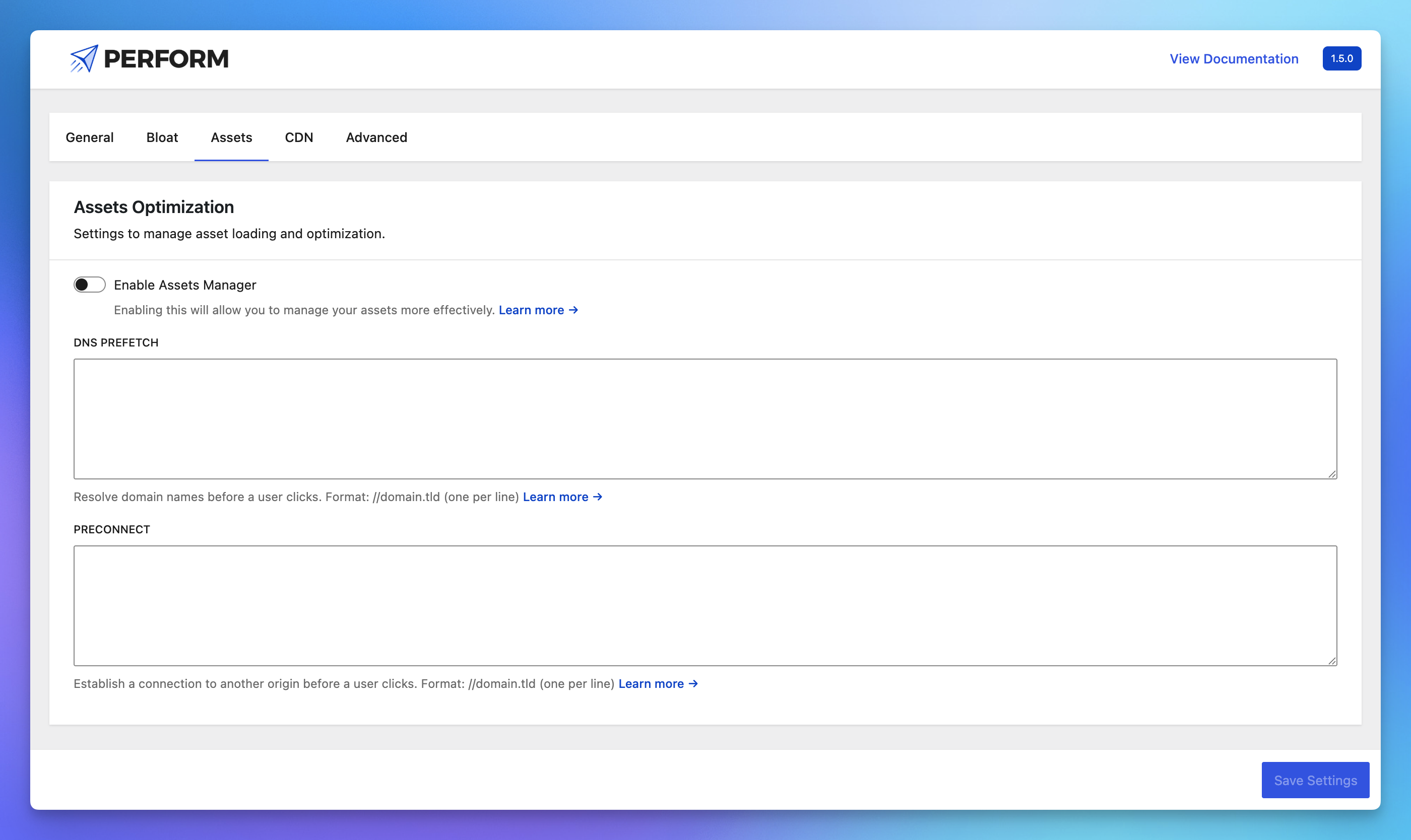 Assets Settings Screen