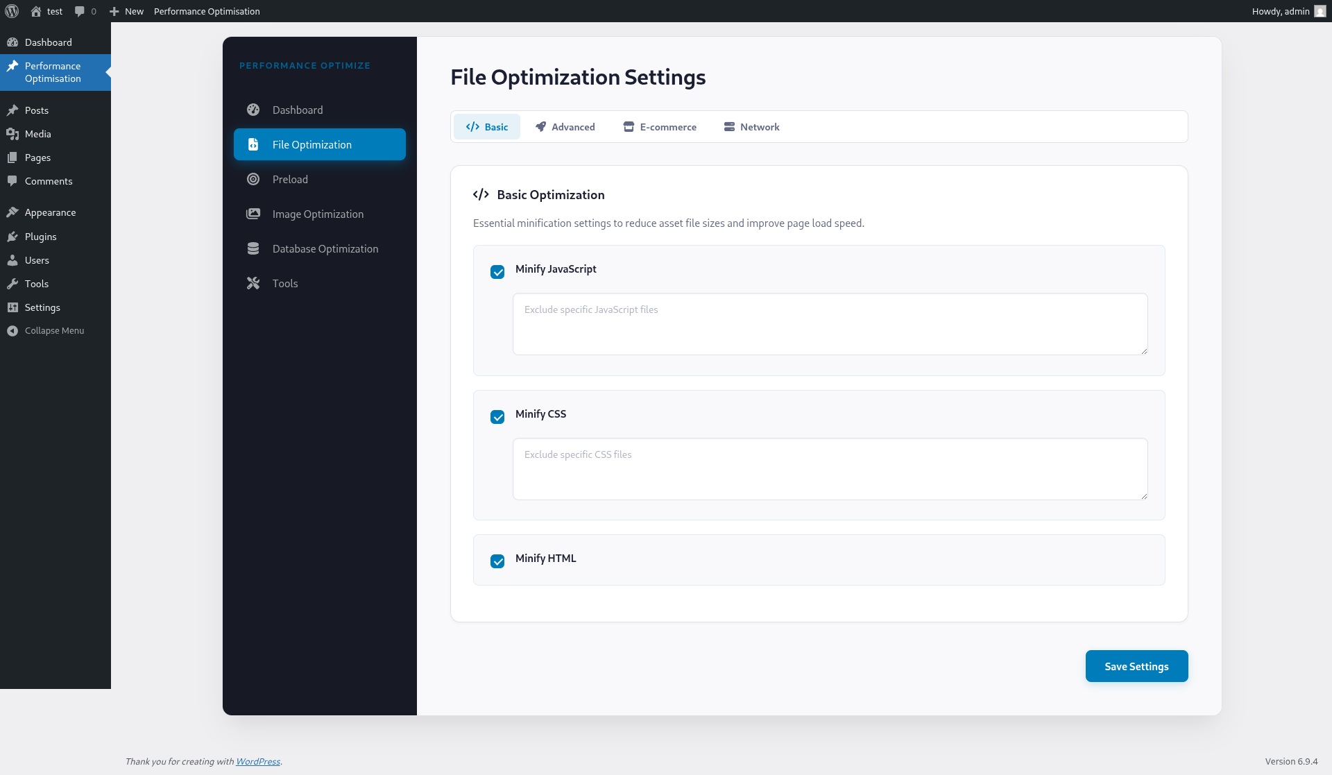 **File Optimization**: Minification settings for JavaScript, CSS, and HTML with Basic, Advanced, E-commerce, and Network tab configurations.