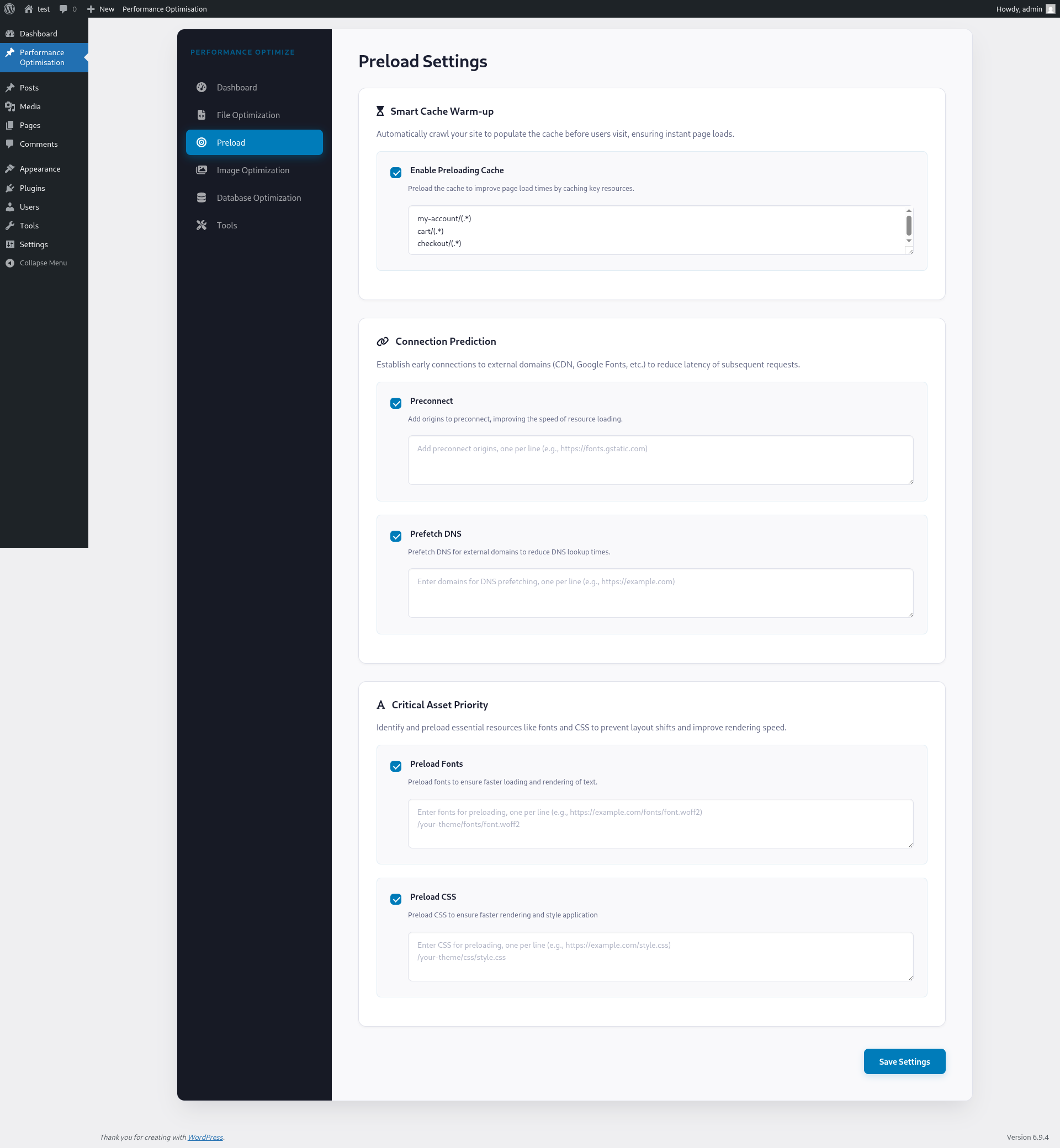 **Preload Settings**: Granular controls for cache warm-up, connection prediction (DNS/Preconnect), and critical asset prioritization (Fonts/CSS).