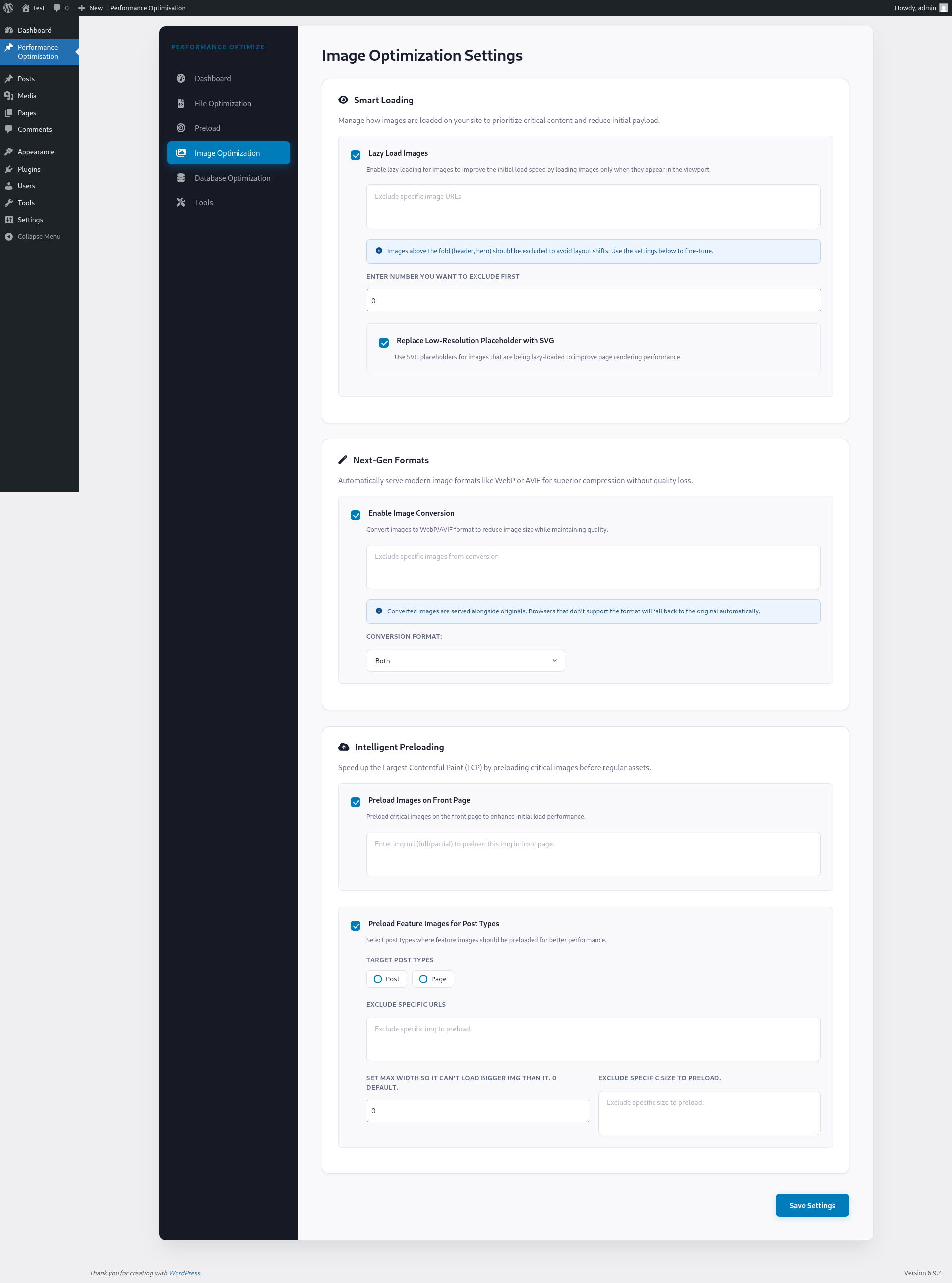**Image Optimization**: Automated Next-Gen format conversion (WebP/AVIF), smart lazy loading with SVG placeholders, and intelligent LCP preloading.