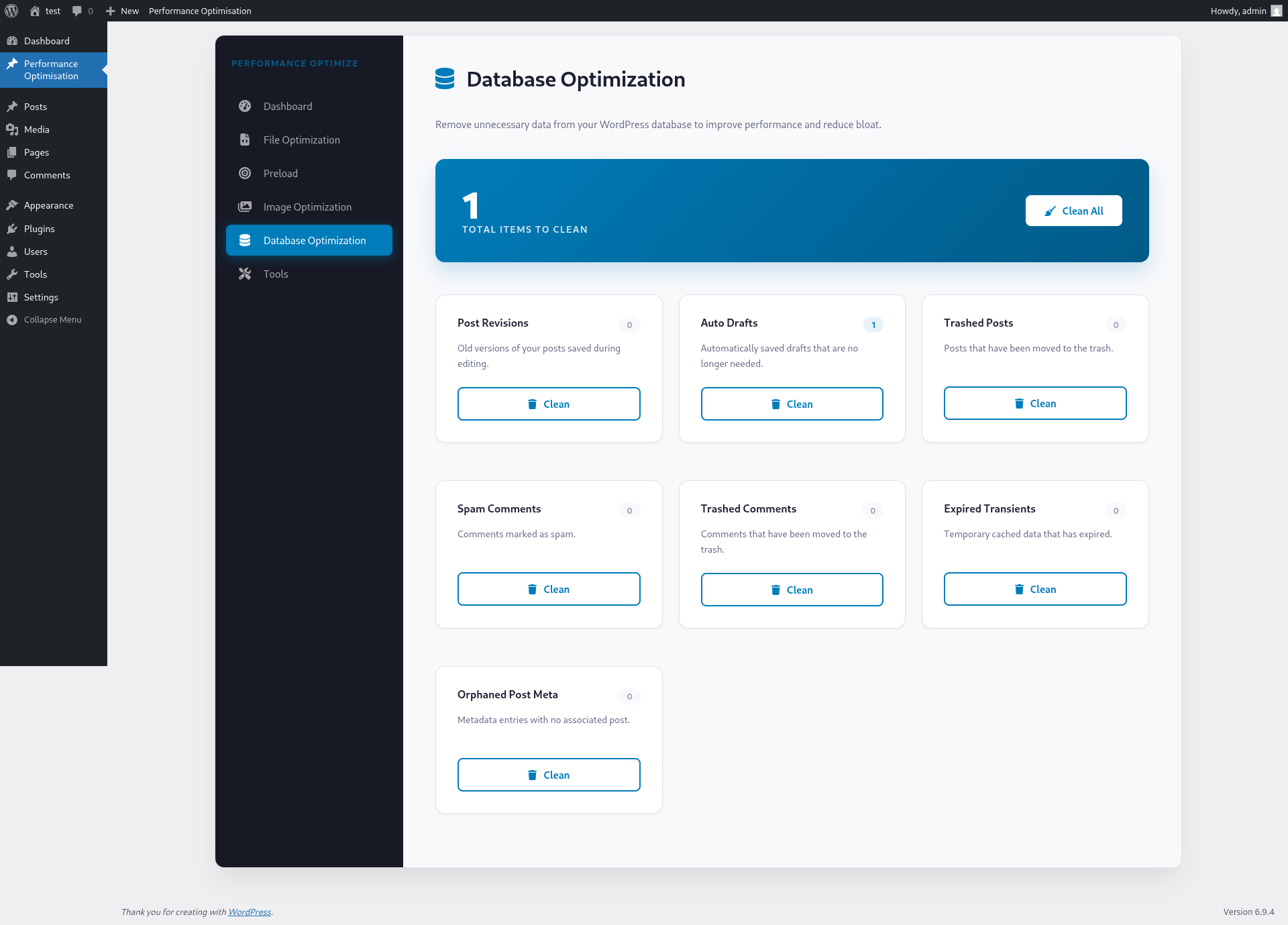 **Database Optimization**: Safe maintenance tools to clean post revisions, auto-drafts, spam comments, and expired transients.