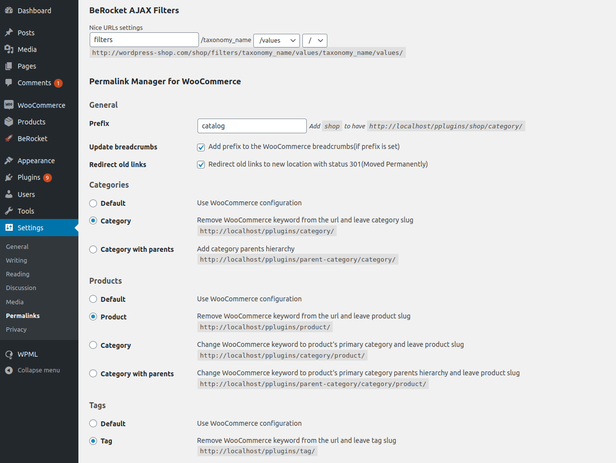 Permalink Manager settings page