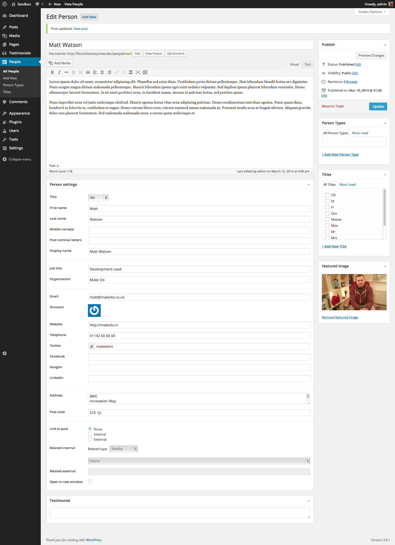 A 'person' custom post type screen