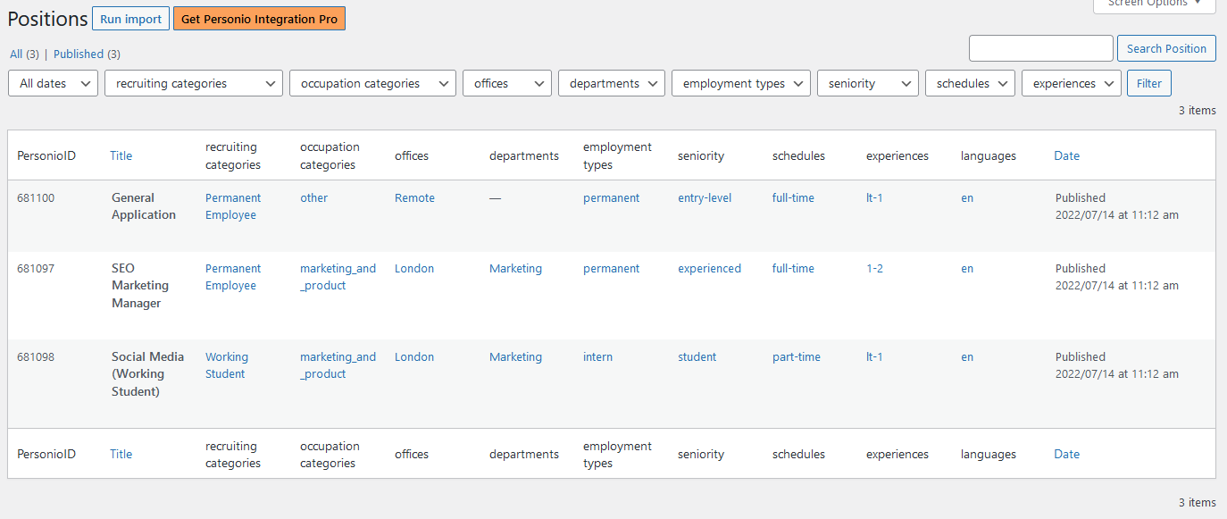 List of imported positions