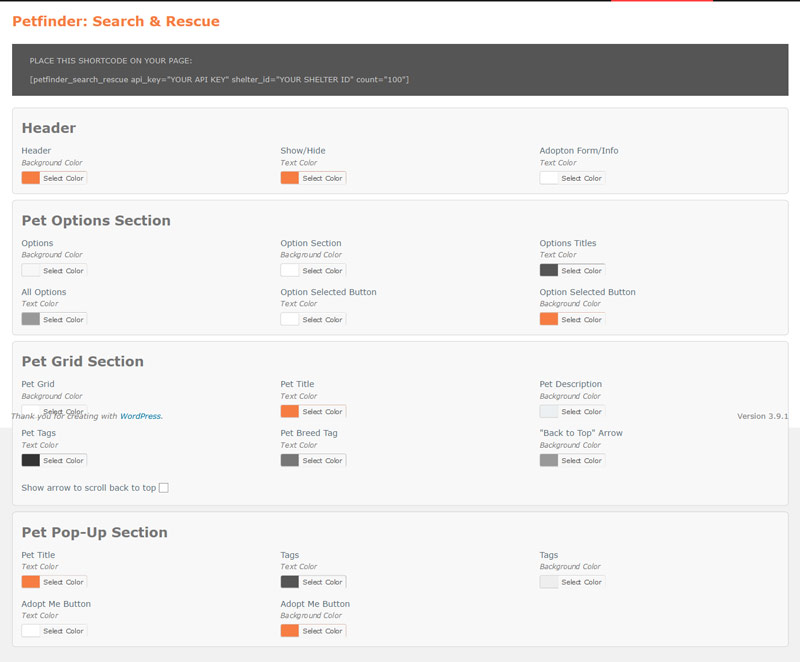 Settings page