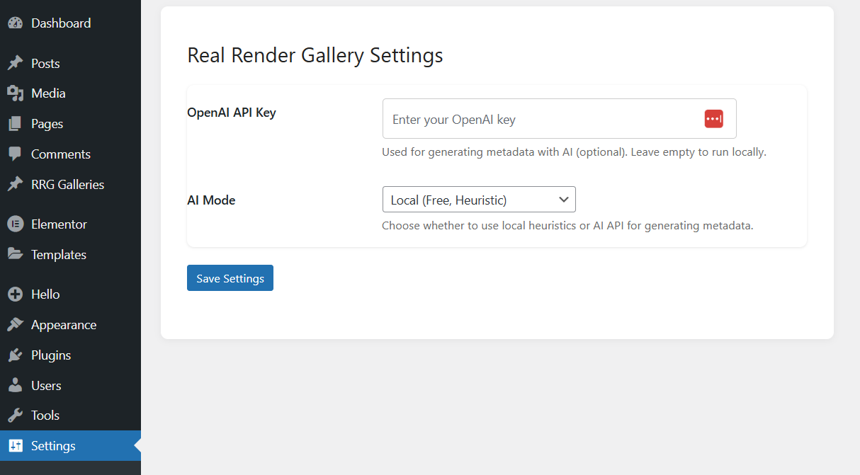 Plugin settings in the WP admin dashboard
